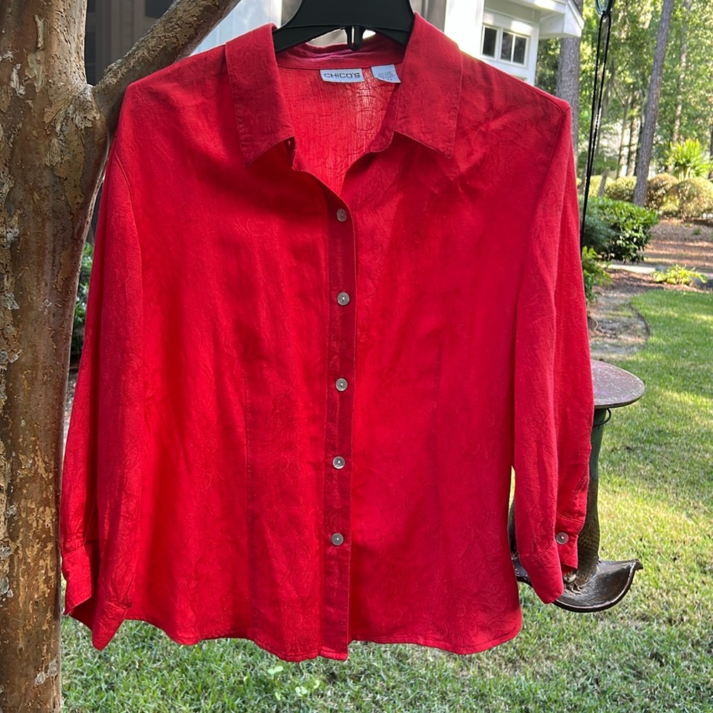 Chico’s woman’s buttondown blouse, orange/tone on tone, Chico size 2, 3/4 sleeve